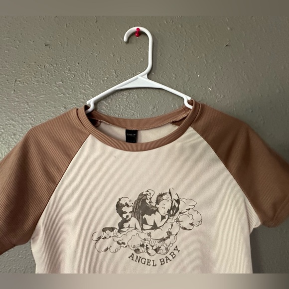 SHEIN Angel Print Tan and Brown Raglan Sleeve Crop Top Tee Size M - Picture 5 of 9